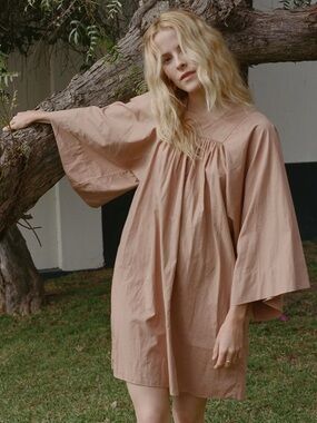 Doen Calder Poplin Cotton Mini Dress in Tan w Large Bell Sleeves XS Neutral